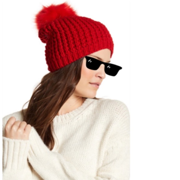 KYI KYI Classic Wool Blend Faux Fur Pom Pom Knit Sweater Beanie Hat, Red, O/S - Picture 3 of 3